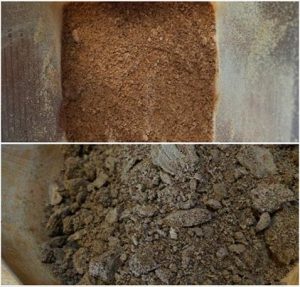 Two pictures of a bowl containing a mixture of dirt and sand, reminiscent of a pemmican recipe.