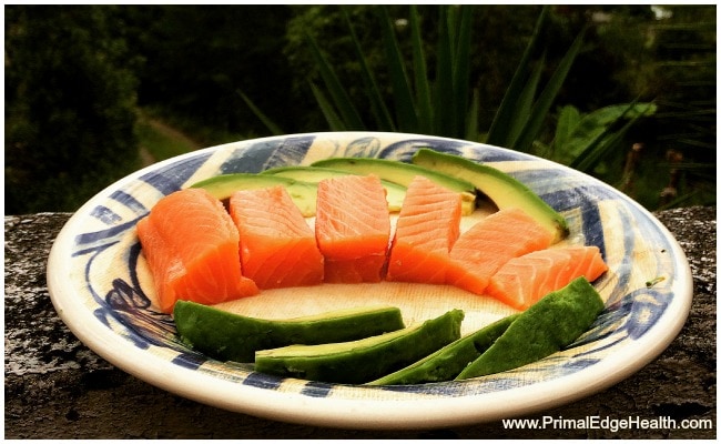 A plate of salmon and avocado.
