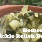 A serving of pickle relish in a brown bowl.