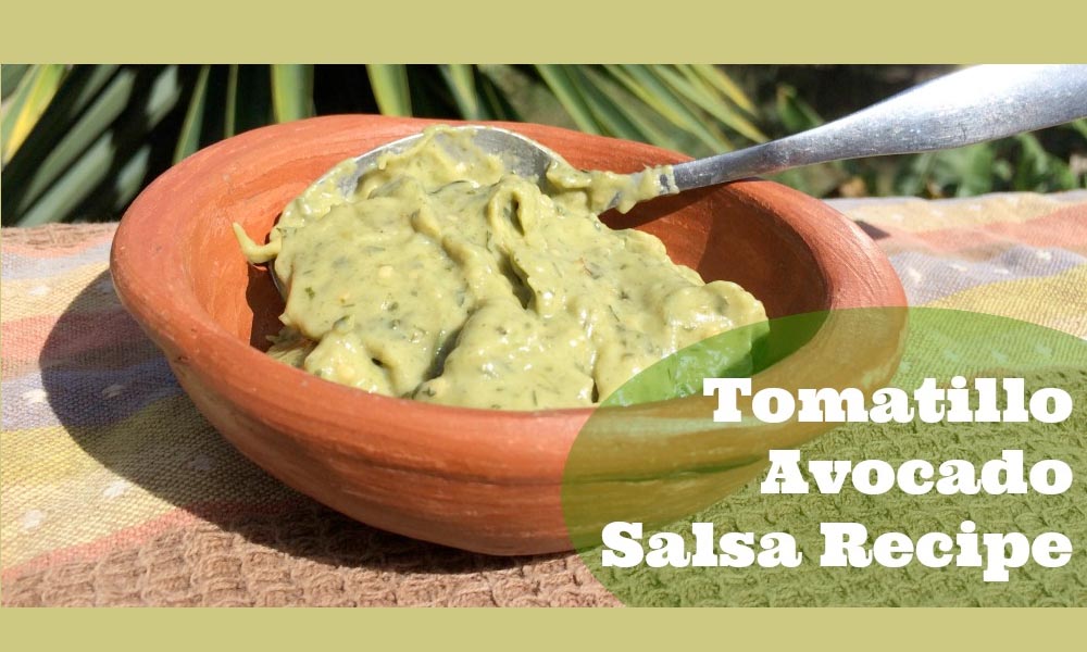 A serving of tomatillo avocado salsa in a brown bowl.