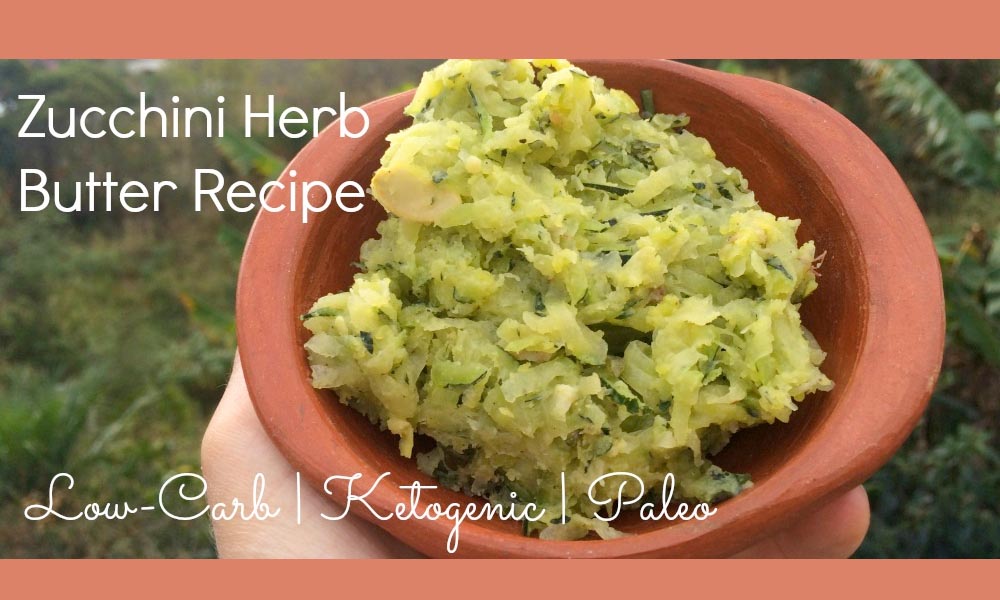 A serving of low-carb zucchini herb butter in a brown bowl.
