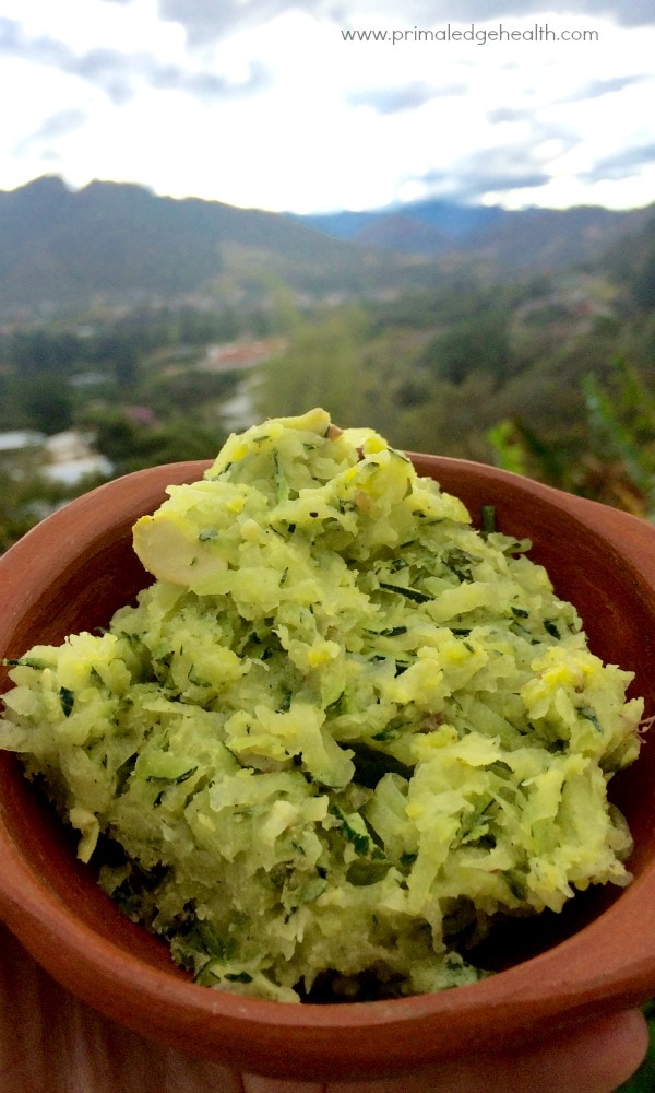 Zucchini herb butter recipe on a bowl. A view of the mountain on the background.