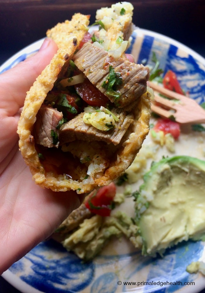 Carne asada with cauliflower tortilla.