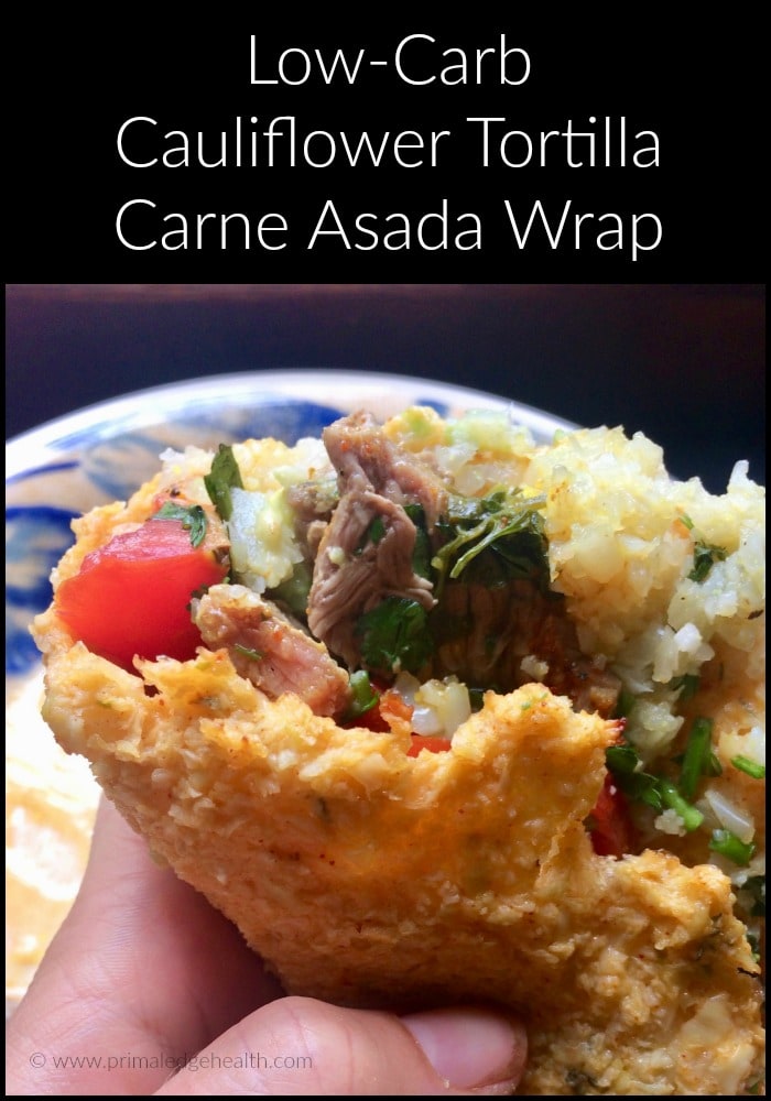 Low-carb cauliflower tortilla carne asada wrap.