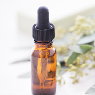 Eucalyptus essential oil with eucalyptus leaves in a glass bottle for homemade stevia extract.