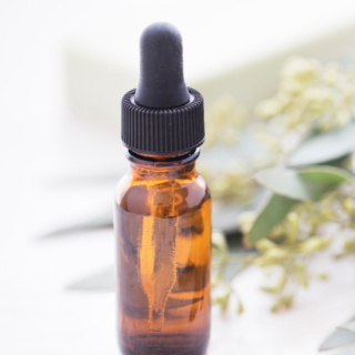 Eucalyptus essential oil in a glass bottle.