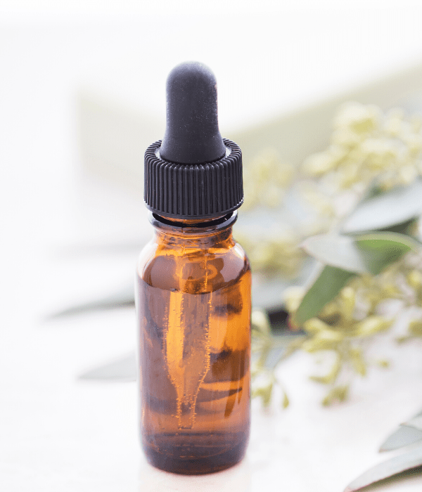 Eucalyptus essential oil in a glass bottle.