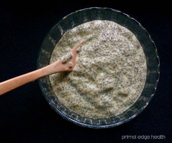 Key lime chia pudding in a bowl with a spoon on a dark background.