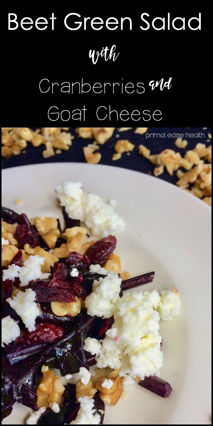 Beet green salad with cranberries and goat cheese.