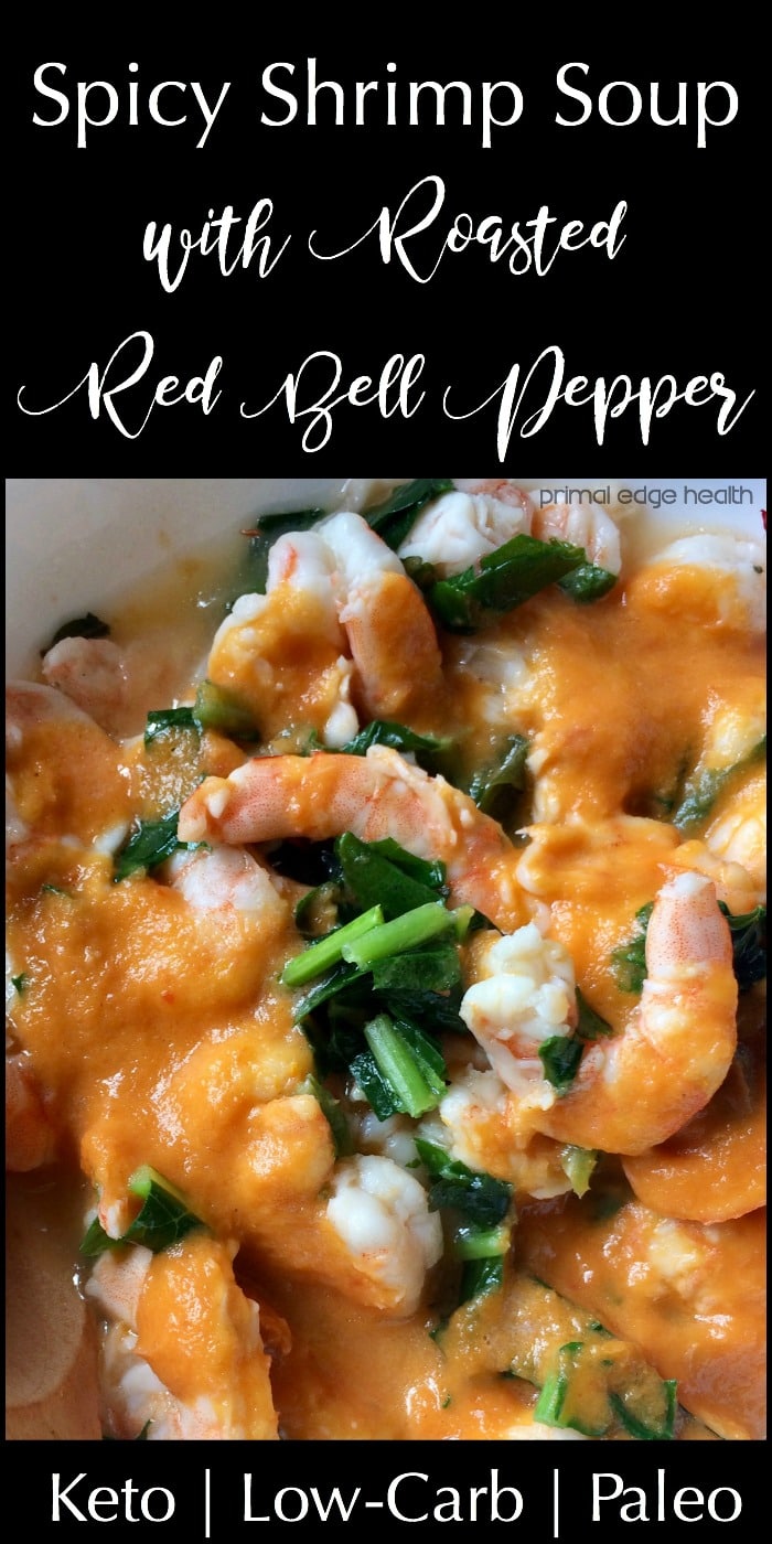 Spicy shrimp soup with roasted red bell pepper. Keto, low-carb, paleo.