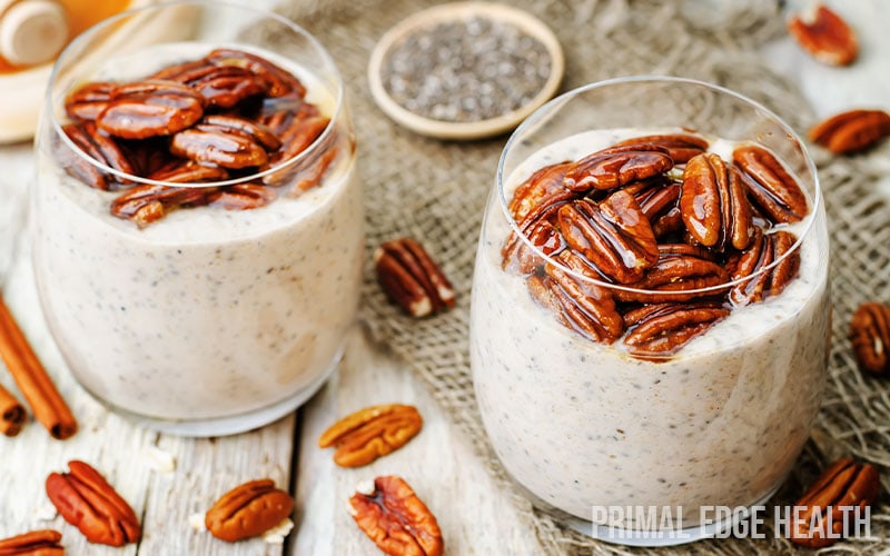 Two servings of chai latte chia pudding in a glass.
