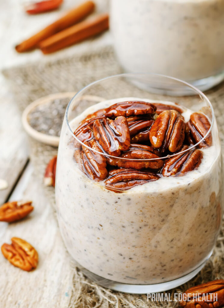 A glass of chai latte chia pudding.
