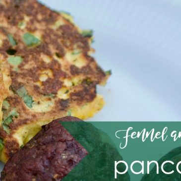 fennel and feta pancakes with text