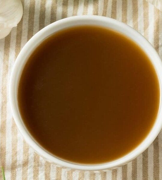 A single serving of slow cooker beef bone broth.