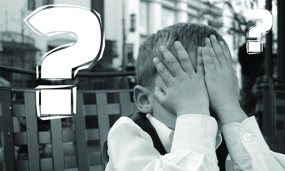 A child covering his face with both hands. White question marks on his left and right side.