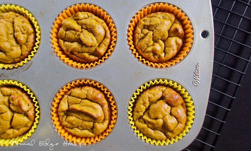 Keto pumpkin muffins coconut flour in a baking dish.