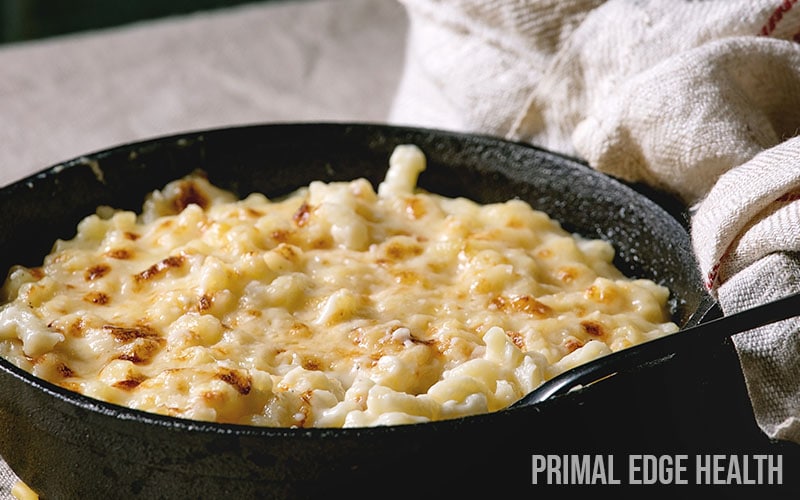 A pan of baked cauliflower mac and cheese.