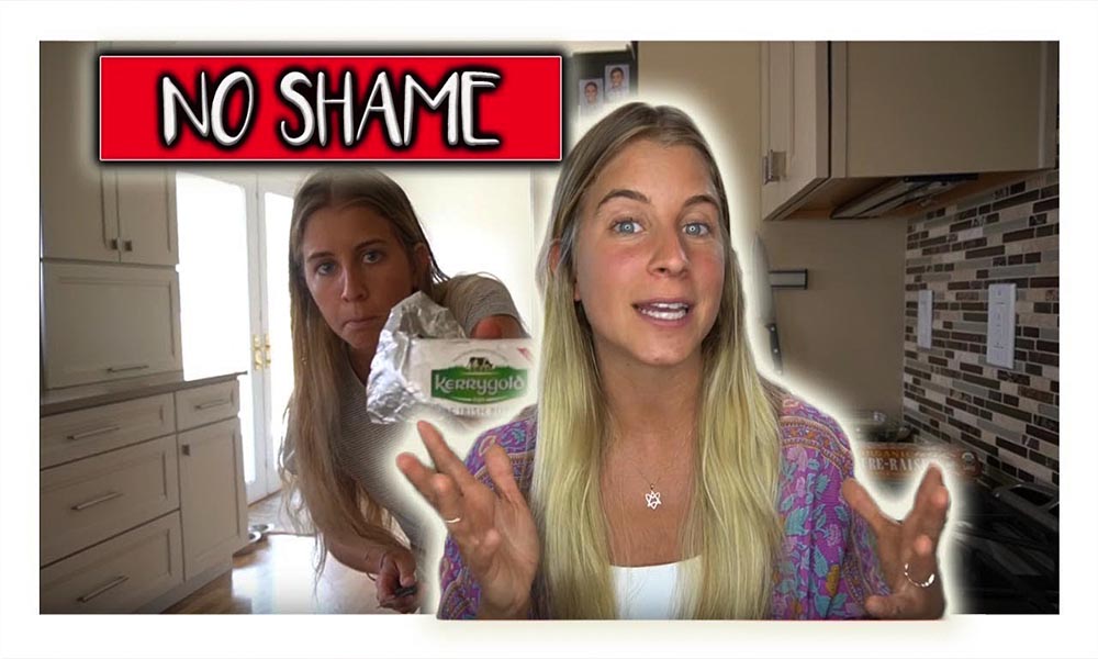 A picture of a blonde woman with text displaying "no shame".