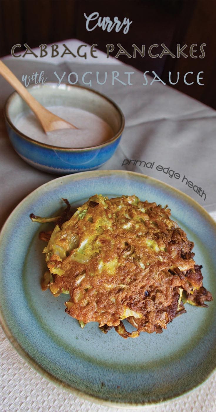 Curry cabbage pancakes with yogurt sauce.