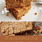 A text displaying macadamia nut keto coffee cake with a slices of them in the background.