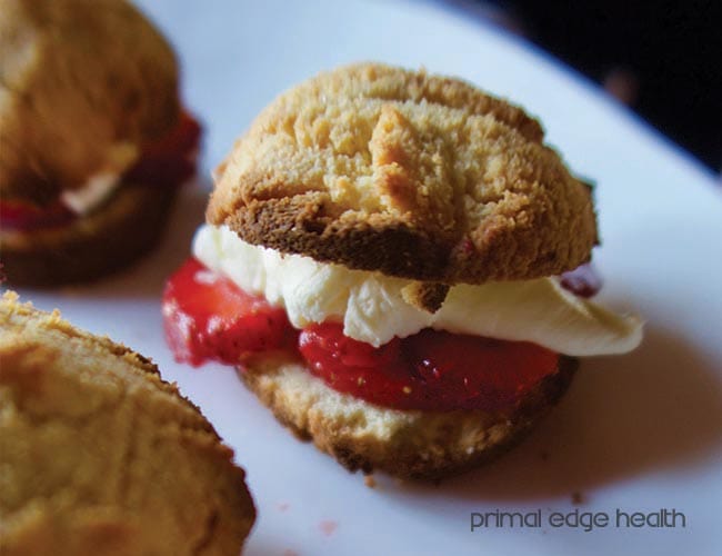 Mini ketogenic strawberry shortcake on a white plate. Primal Edge Health.