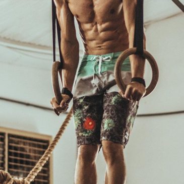 A man doing exercise with a hanging exercise equipment.