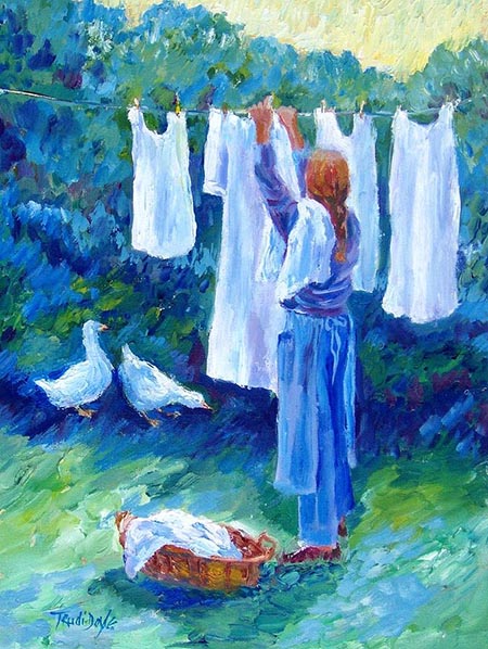 Painting of a woman hanging white clothes.