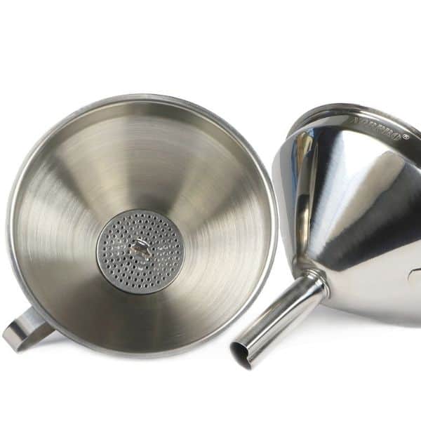 A funnel with strainer on a white background.