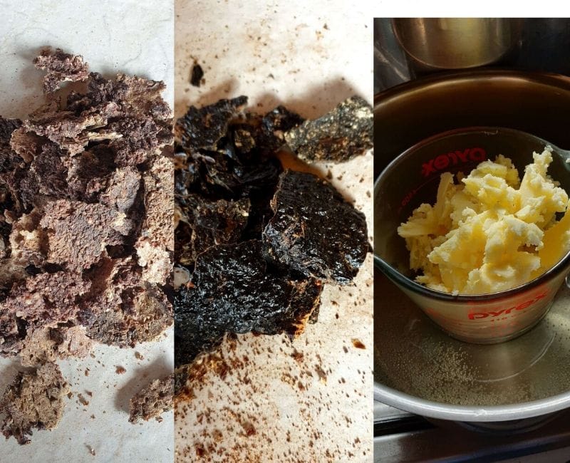 Long term storable survival food collage of three recipes.