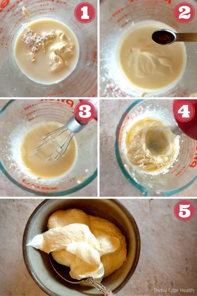 A series of photos showing how to make a carnivore cheesecake batter.