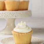 Vanilla cupcake on a plate and a couple on a cupcake stand.