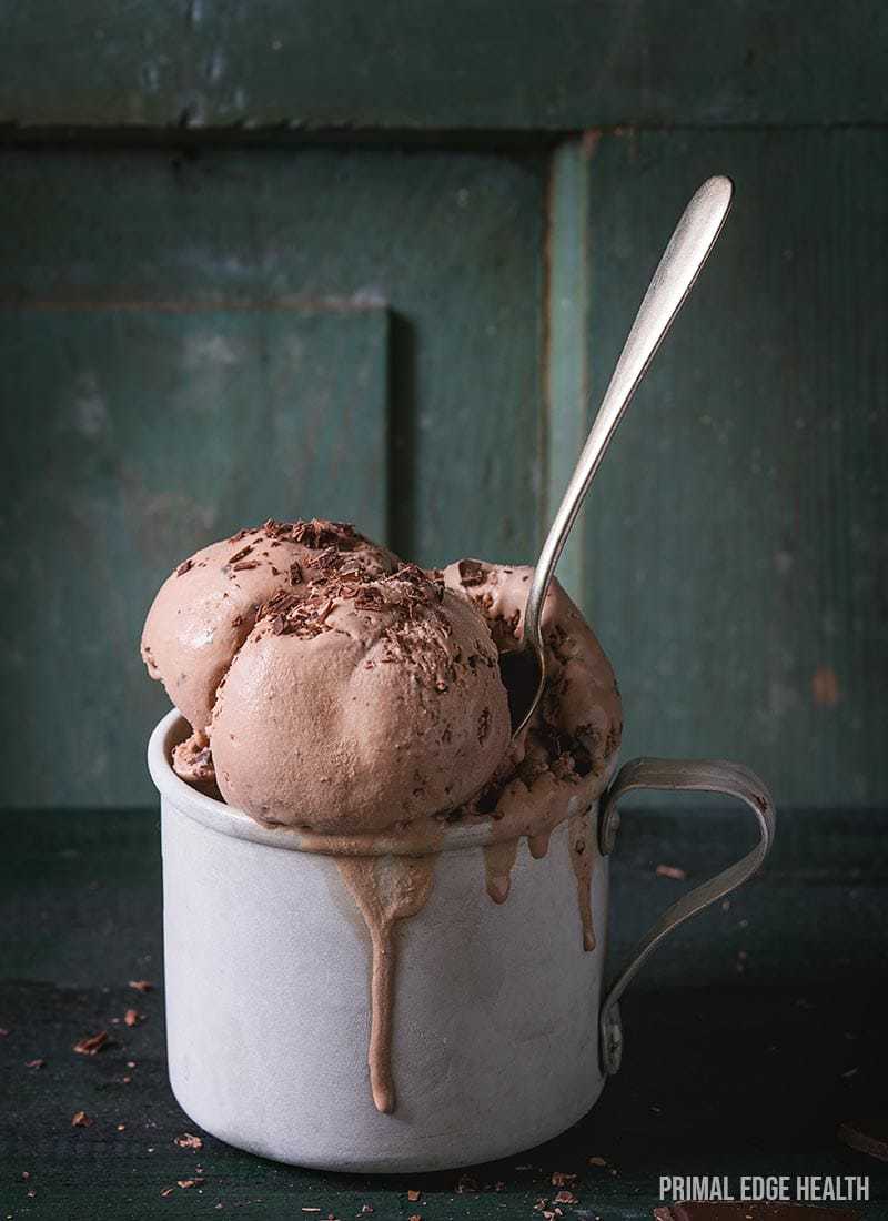 A cup of no churn keto ice cream with a spoon.