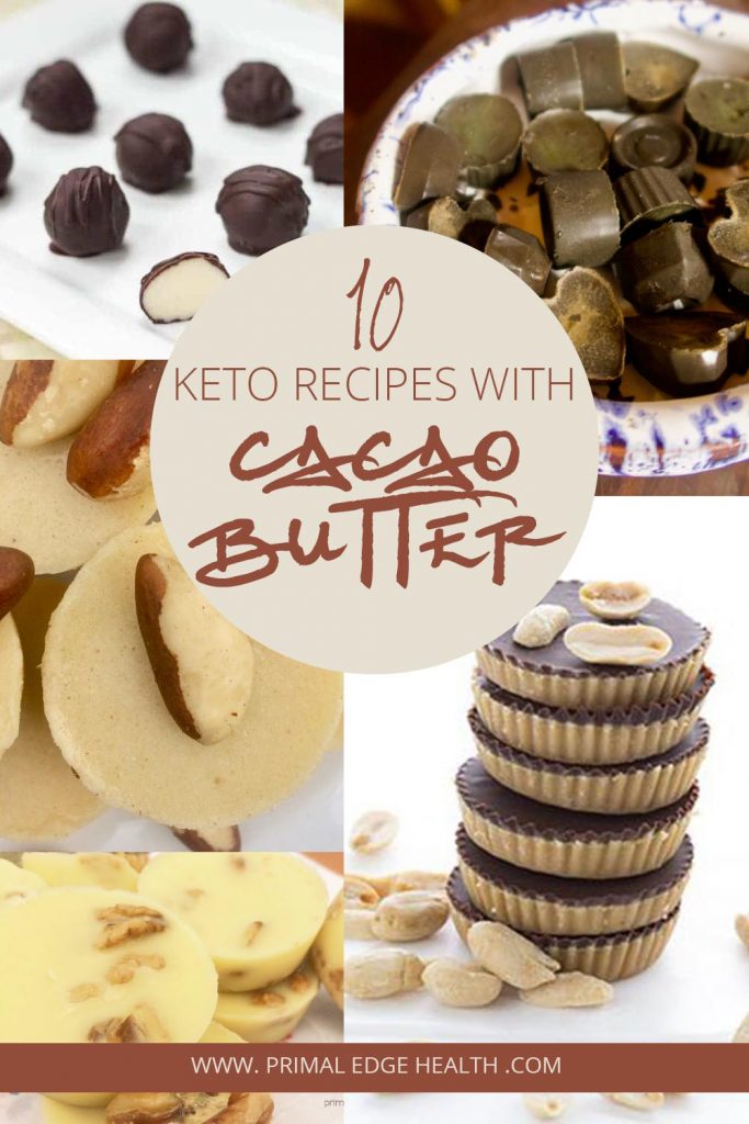 10 keto recipes with cacao butter collage of five recipes.