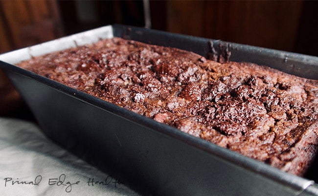 Double chocolate low-carb pumpkin bread in a pan.