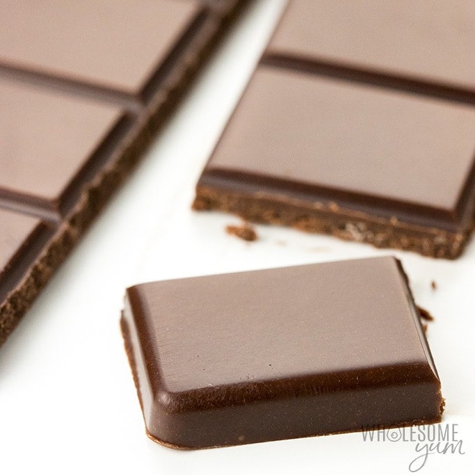 Keto chocolate bar on a white surface.