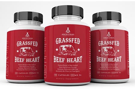 3 red bottles of ancestral supplements - Beef heart.