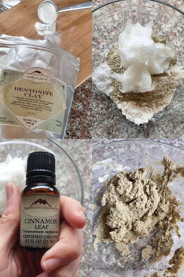 Homemade bentonite clay toothpaste collage of the toothpaste-making procedure.