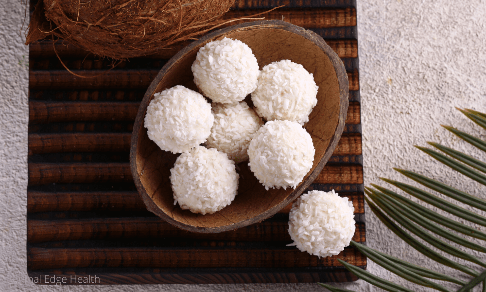 Keto coconut macaroons in a wooden bowl.