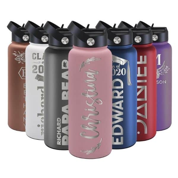 A group of personalized water bottles with different colors and designs, perfect for staying hydrated while following the pemmican recipe.