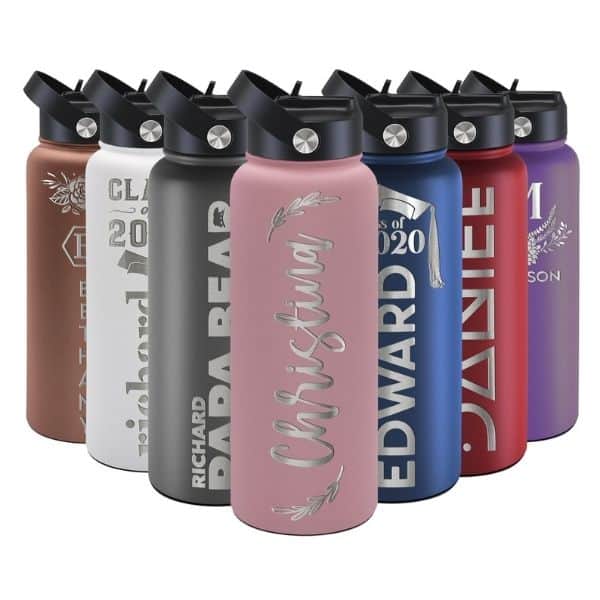 A group of personalized water bottles with different colors.
