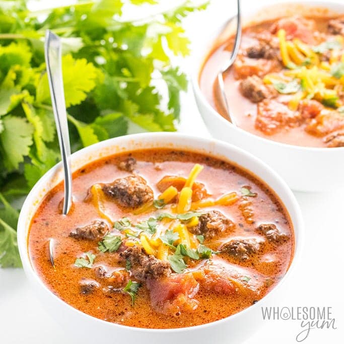 Two bowls of low carb taco soup.