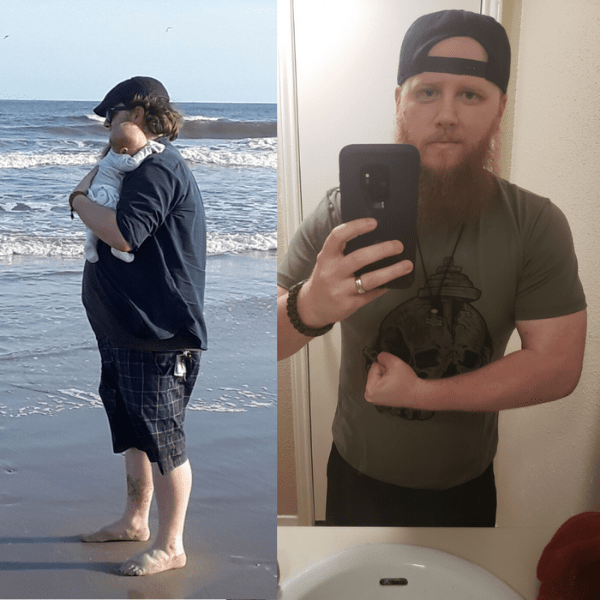 A before weight loss photo of a man in a beach holding a baby and an after weight loss photo of the same man in front of a mirror.