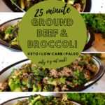 25-minute ground beef and broccoli collage of four meal presentations.