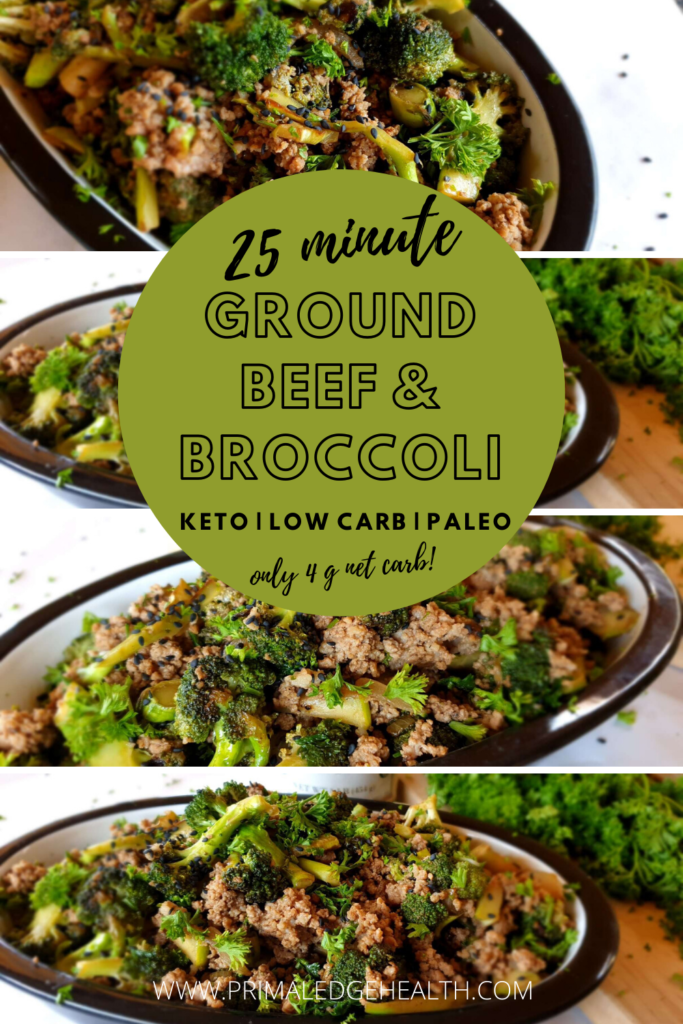 25-minute ground beef and broccoli collage of four meal presentations.