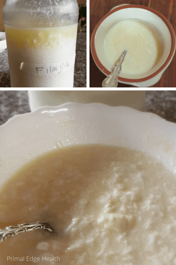 A collage of three photos showing homemade raw milk yogurt.