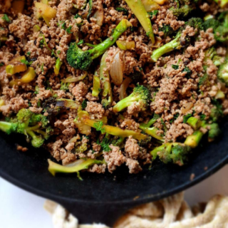 Keto ground beef broccoli on the cast iron skillet.