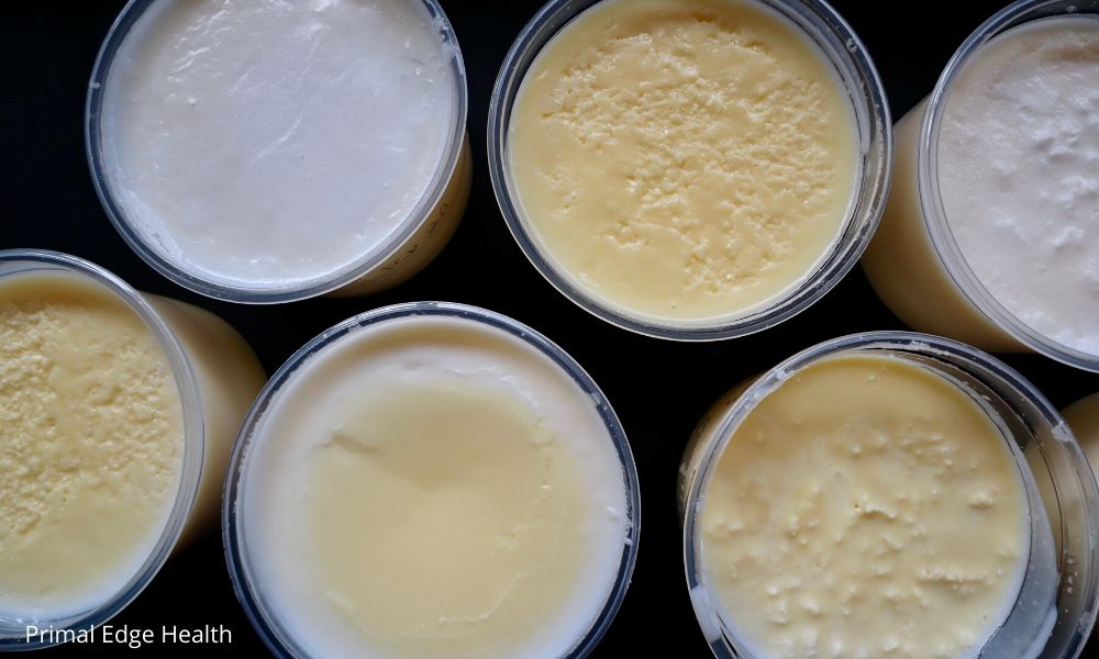 Open containers of homemade beef tallow.