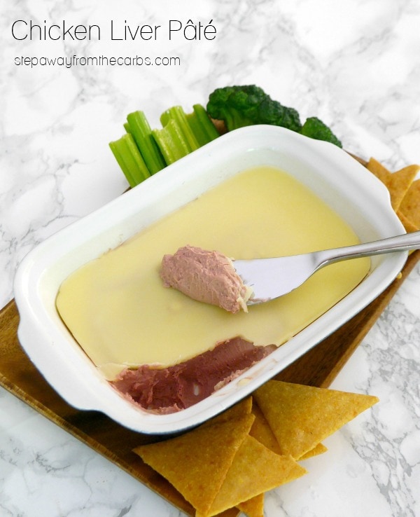 Chicken liver pate in white dish.