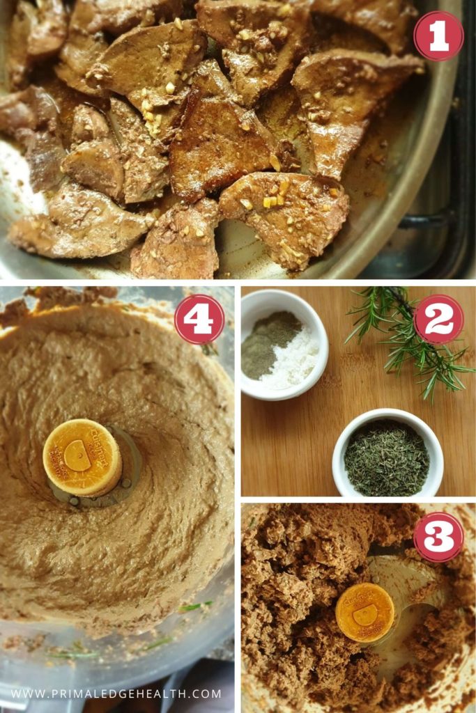 How to make dairy-free liver pate collage of the step-by-step process.