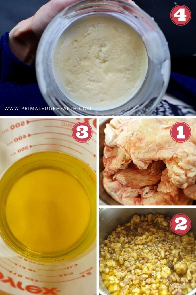 Collage of four photos showing how to make tallow step-by-step process.